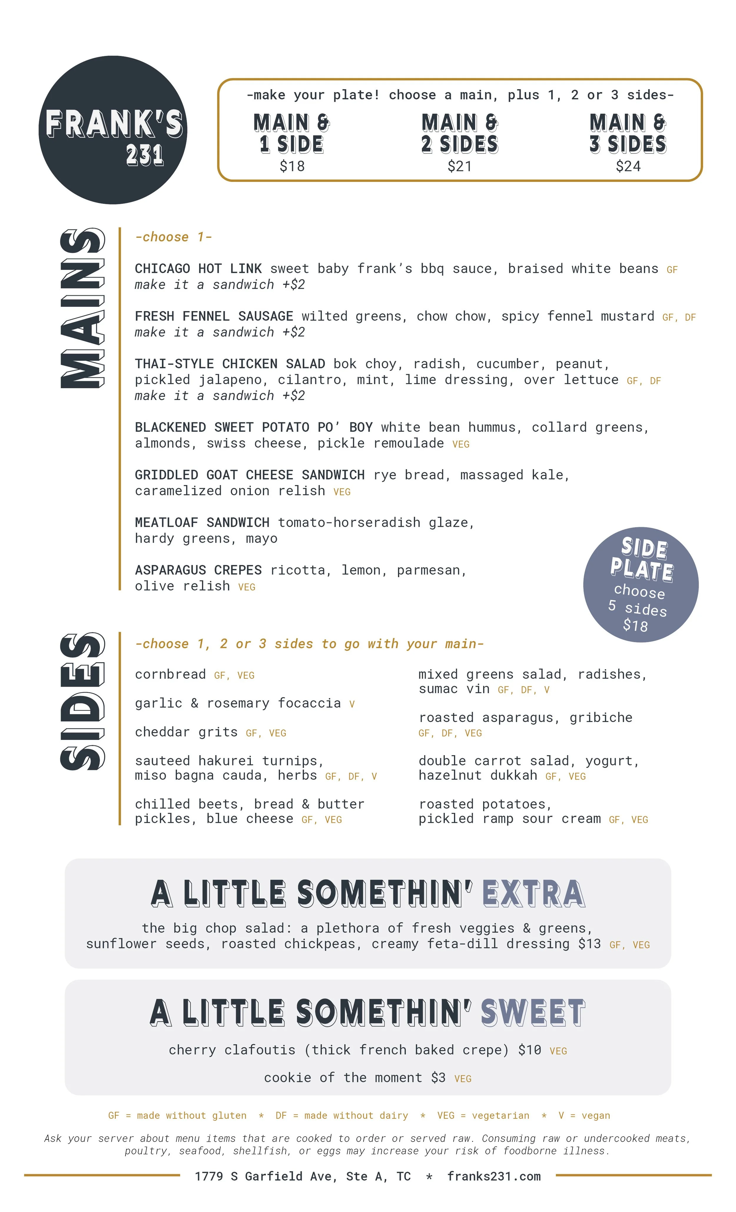 Dine-In Menu — Frank's 231 | Traverse City, MI